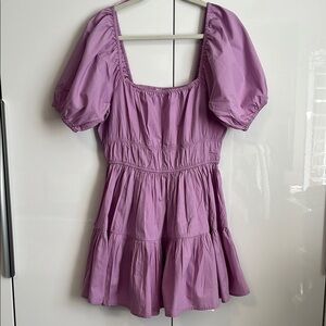 Avec Les Filles Lilac Puff Sleeve Cotton Tiered Dress, Size M